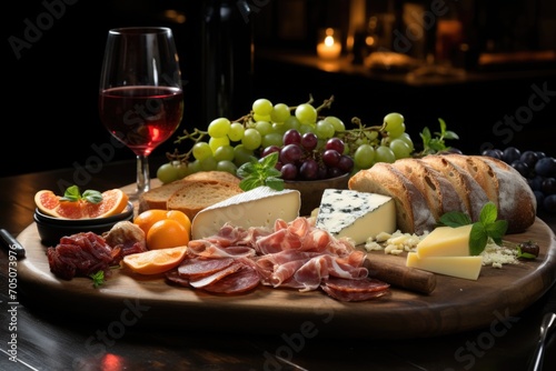 Cheese board and Italian ham in a rustic canteen, with barrels of wine and vintage decoration., generative IA