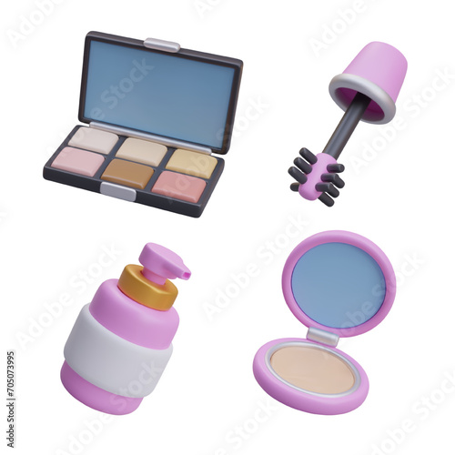 Open plastic palette with eyeshadows, brush for mascara application, plastic bottle with soap and powder. Vector illustration in 3d style on white background