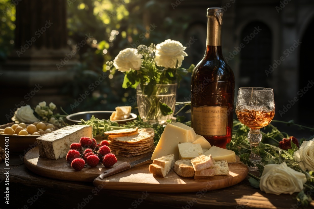 Cheese board in a picnic in a park in Rome, with historic statues and arches., generative IA