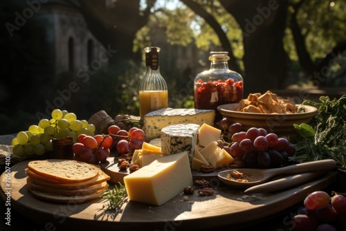 Cheese board in a picnic in a park in Rome, with historic statues and arches., generative IA