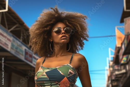 Stylish Afro woman in sunglasses on city street. Urban fashion portrait, summer lifestyle.