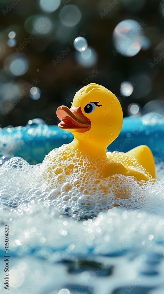 Rubber Duck Floating in Pool of Water, Playful and Relaxing Bath Toy Rubber Duck Floating in Pool of Water, Playful and Relaxing Bath Toy