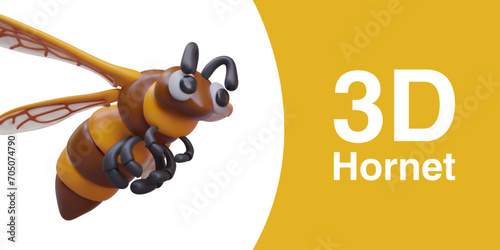 3D hornet closeup. Aggressive predatory insect. Winged character in cartoon style. Vector creature, bottom view. Illustration for lessons about environment