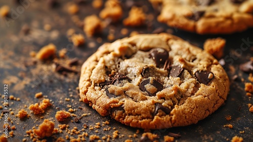 Close Up of Delicious Chocolate Chip Cookie on Brown Plate