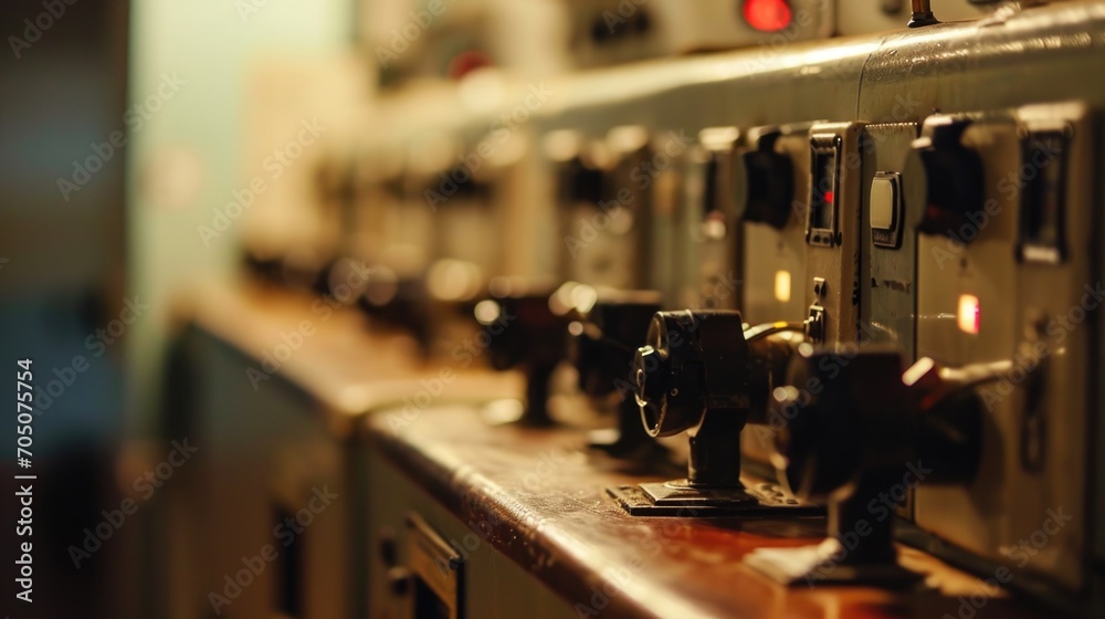 A row of electrical equipment sitting on top of a wooden counter. Perfect for illustrating technology, workplace, or DIY projects. A row of electrical equipment sitting on top of a wooden counter. Perfect for illustrating technology, workplace, or DIY projects.