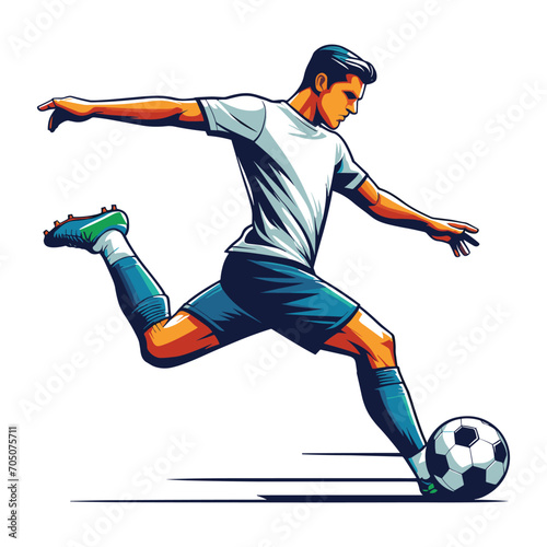 soccer player men athlete vector design, colourful style football game male player illustration, player kicking ball template isolated on white background