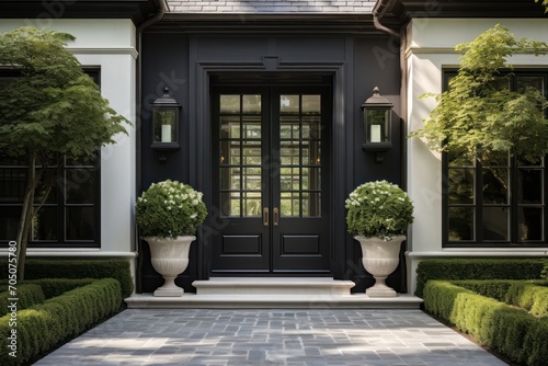 black front door in suburban house with green plants decor. Classic modern suburbs building townhouse facade. © Dina