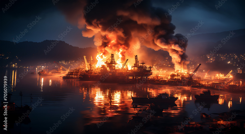 View of the massive Visakhapatnam Harbor fire in American City