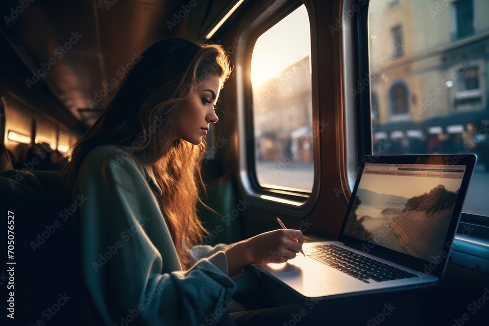 beautiful female freelancer working on laptop in a train sitting near window. Digital nomad. Work on the move, modern fast living lifestyle. - obrazy, fototapety, plakaty 