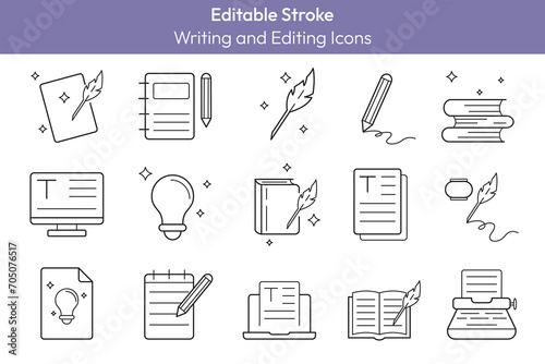 Creative writing and editing line icons set. Copywriting outline symbols with editable stroke. Pencil, typewriter, notepad, book isolated symbols