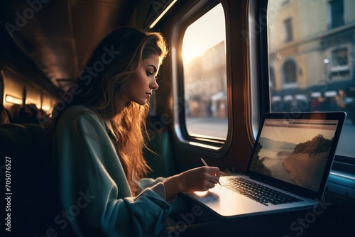 beautiful female freelancer working on laptop in a train sitting near window. Digital nomad. Work on the move, modern fast living lifestyle. photo