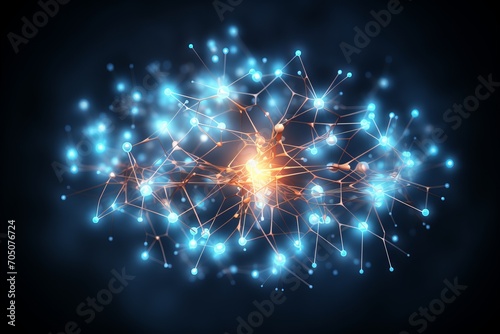 Vibrant Abstract Blue Network Concept - Active Human Brain Illuminated on Dark Background