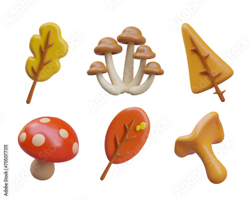 Set of autumn trees and forest mushrooms. Vector realistic illustration in bright colors. Templates for seasonal design, web decorations, landscapes. Illustrations for children online game photo