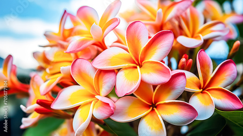 Plumeria, a tropical beauty, popular in Hawaii. A captivating stock photo capturing the allure of blooming flowers for a touch of paradise