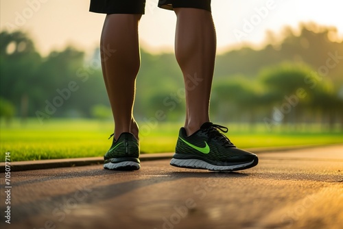 Closeup of Black Water Bottle and Blurred Man Tying Shoes Before Public Park Track Race - Healthy