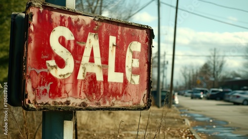 old shabby red sign by the road with the text sale, banner