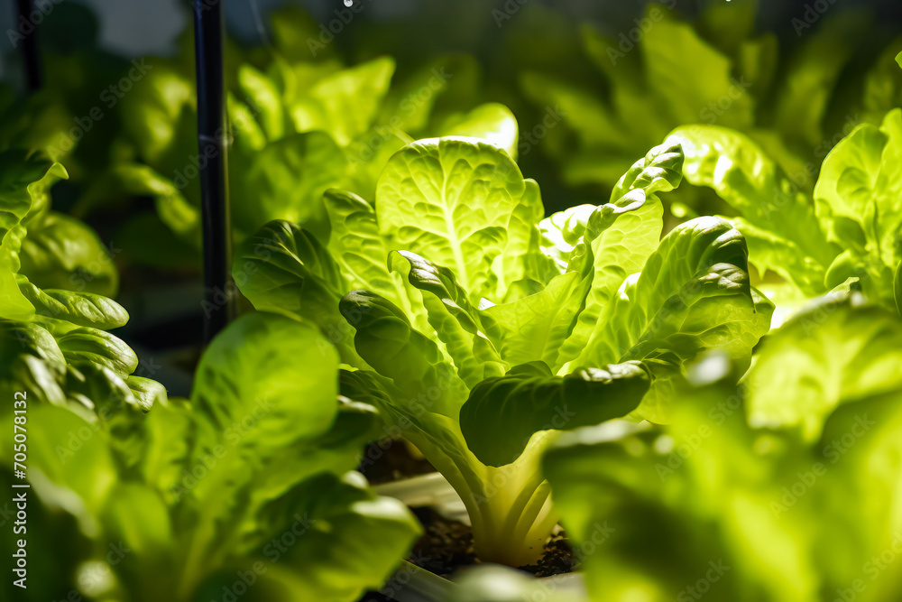 Lettuce thriving in a greenhouse, promoting healthy food. A stock photo showcasing the vitality of homegrown greens for a wholesome lifestyle Lettuce thriving in a greenhouse, promoting healthy food. A stock photo showcasing the vitality of homegrown greens for a wholesome lifestyle