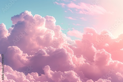 A dreamlike cloudscape with vibrant pink and soft white hues, resembling cotton candy. photo