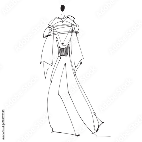 Hand Drawn Fashion Designer Illustration.Fashion Model Illustration, Stylish Sketch.Hand drawn outfit look.Fashion Designer Style. Placement Print. Woman fashion look. Minimal Print. Poster Print