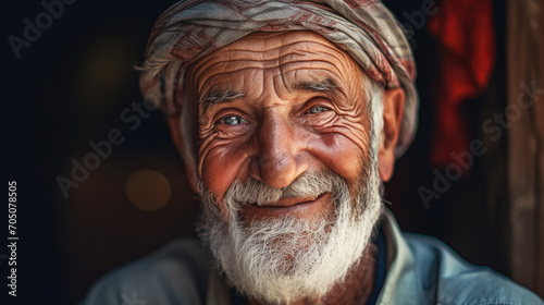 Close up of face  old elderly upset unhappy man with a wrinkled face living alone old man looking badass with a bushy white beard photo