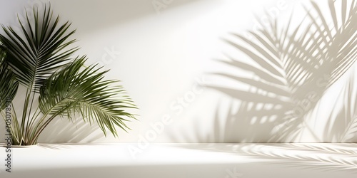 3d palm shadow overlay, empty room with sunlight and shadow from palm leaves on white background, advertising space for product presentation for cosmetics, vacation, holiday, travel, wellness © Ziyan Yang