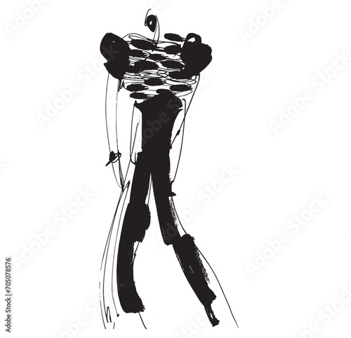 Hand Drawn Fashion Designer Illustration.Fashion Model Illustration, Stylish Sketch.Hand drawn outfit look.Fashion Designer Style. Placement Print. Woman fashion look. Minimal Print. Poster Print