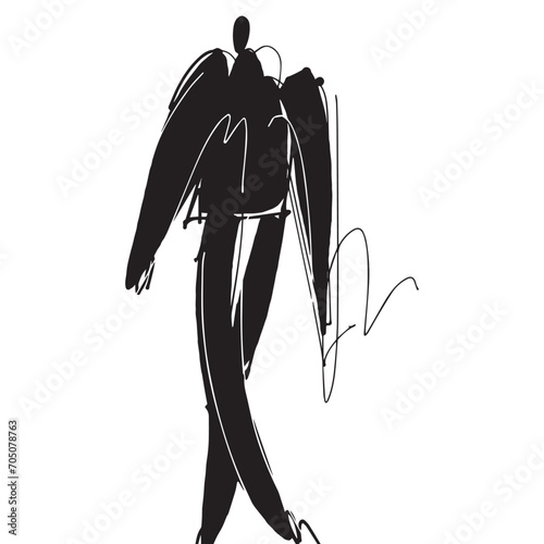 Hand Drawn Fashion Designer Illustration.Fashion Model Illustration, Stylish Sketch.Hand drawn outfit look.Fashion Designer Style. Placement Print. Woman fashion look. Minimal Print. Poster Print