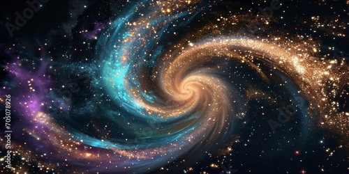 A cosmic swirl of stars and galaxies with vibrant colors and glittering particles.