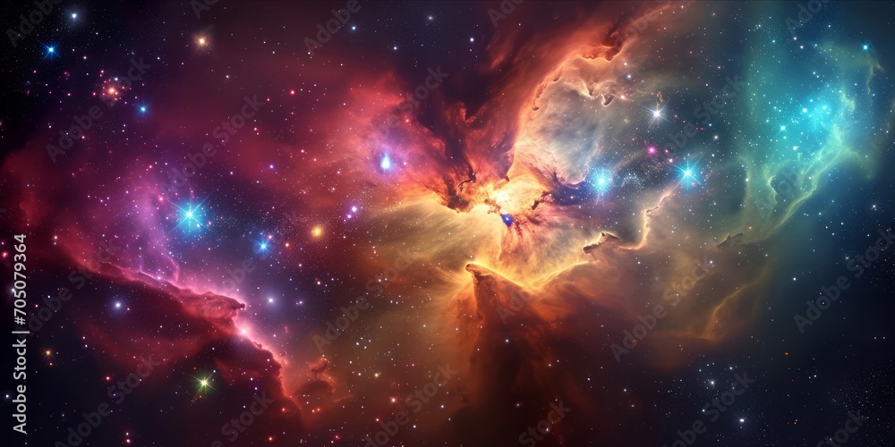 An artistic nebula with an array of colors and bright stars scattered throughout.
