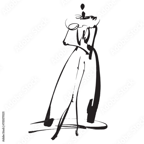 Hand Drawn Fashion Designer Illustration.Fashion Model Illustration, Stylish Sketch.Hand drawn outfit look.Fashion Designer Style. Placement Print. Woman fashion look. Minimal Print. Poster Print
