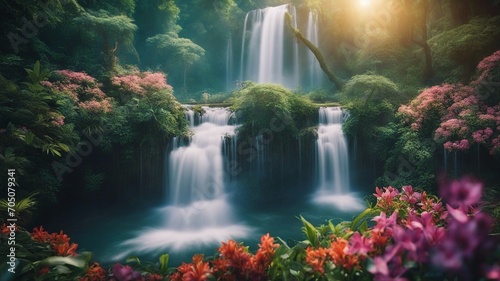 waterfall in the forest Fantasy  waterfall of magic  with a landscape of enchanted trees and flowers   