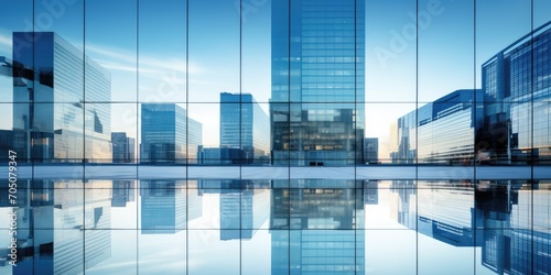 Modern city buildings reflected in glass facades