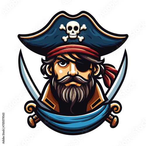 Angry pirate head face with hat and eye patch mascot design vector illustration, logo template isolated on white background