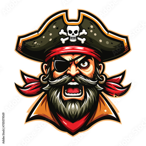 Angry pirate head face with hat and eye patch mascot design vector illustration, logo template isolated on white background