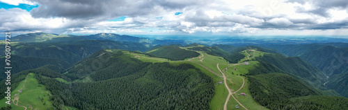 Aerial view above the vast mountain sides and mountain peaks of Capatanii Mountains. Green pastures are crossed by numerous dirt roads. Wild spruce forests grow between the crests, along the valley. 