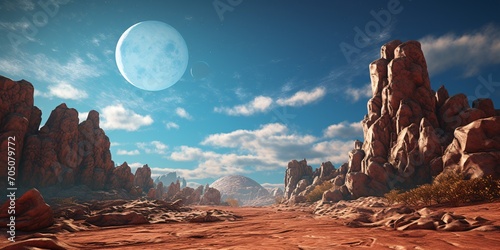 A Rocky Desert Landscape with a Planetary Background Generative AI