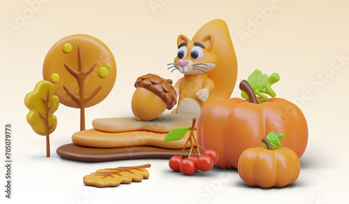 Funny toothy squirrel is stocking up for winter. Autumn harvest. Forest scene with animal character and seasonal landscape. Detailed 3D image. Shopping time