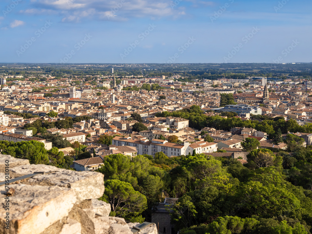 Nimes, France - October 4, 2023: Cityscape of Nimes, a city in the Occitanie region of southern France, served as an important outpost of the Roman Empire.