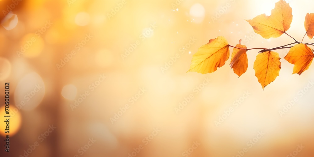 autumn colored leaf branch on abstract blurred yellow nature background with defocused sun lights, fall season concept banner with copy space