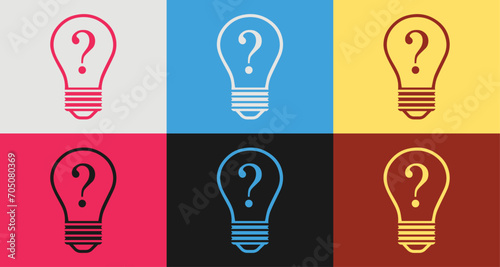 Colorful light bulb and question mark icons set in 6 colors for vibrant designs, light bulb and question marks Isolated on background