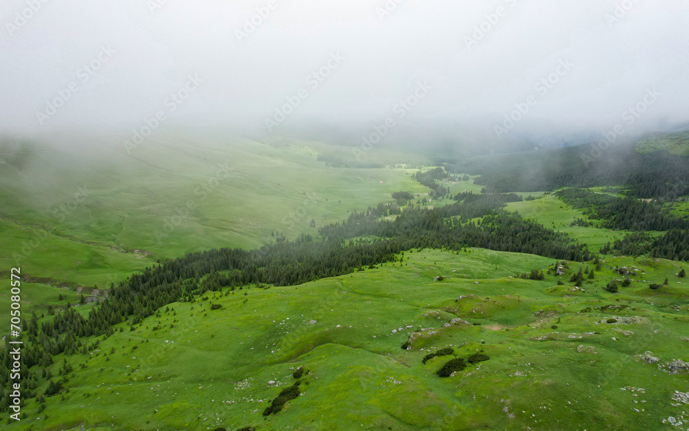 Stormy clouds and low altitude mist are covering the mountain peaks and alpine grasslands of Capatanii mountains - Carpathia. Springtime weather. Evergreen juniper bushes grow in the valley.