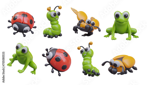 Collection with red ladybug  realistic green centipede  yellow scarab and cute adorable frog in different positions. Vector illustration in 3d style with white background