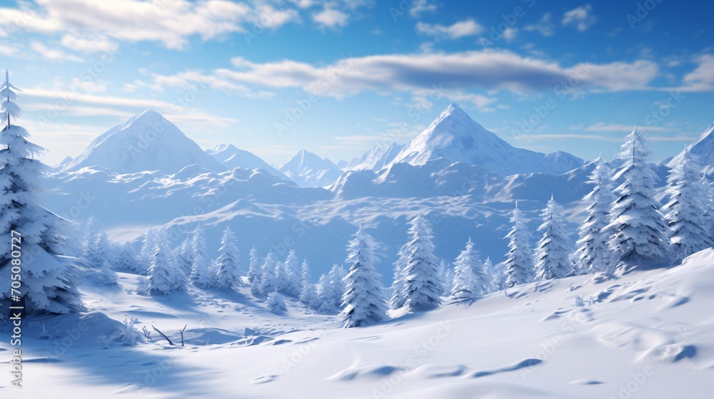 Snowy Mountain Range with Pine Trees Generative AI