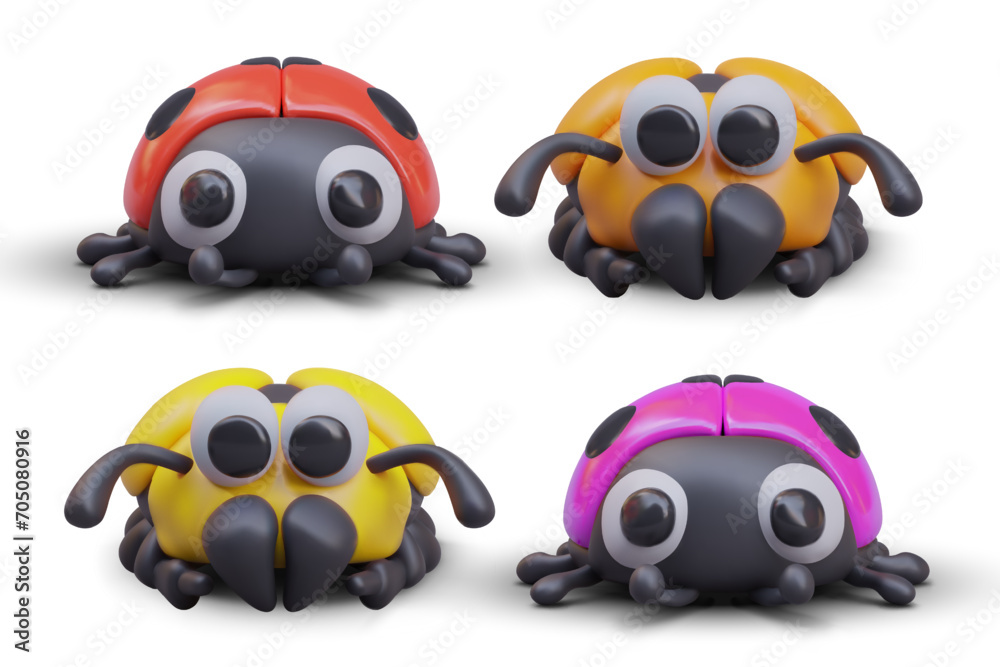 Scarab and ladybug closeup. Beetles of different types and colors. Insects with funny faces. Ladybird and dung beetle. Set of detailed isolated 3D illustrations