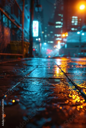 A wet sidewalk illuminated by a street light at night. Suitable for urban, cityscape, and rainy day themes
