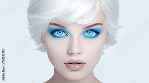 Portrait of beautiful young woman white hair with blue eye bright make up. AI generated image