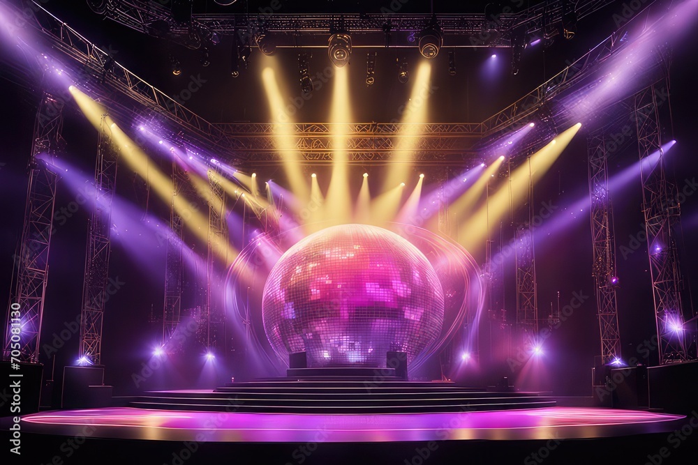 Concert hall with a stage with a disco ball in the center, multicolored rays of light come from the disco ball