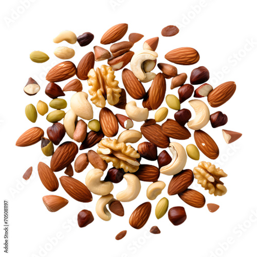 Different dried fruits and nuts isolated on white and transparent background