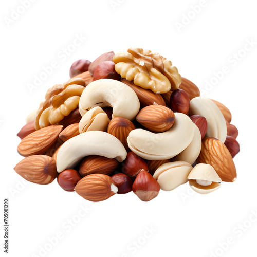 Different dried fruits and nuts isolated on white and transparent background