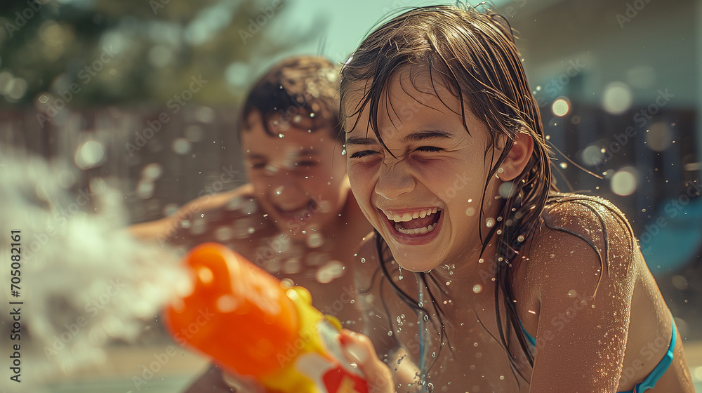 Teenagers Laughing and Playing with Water Guns in Summer Fun